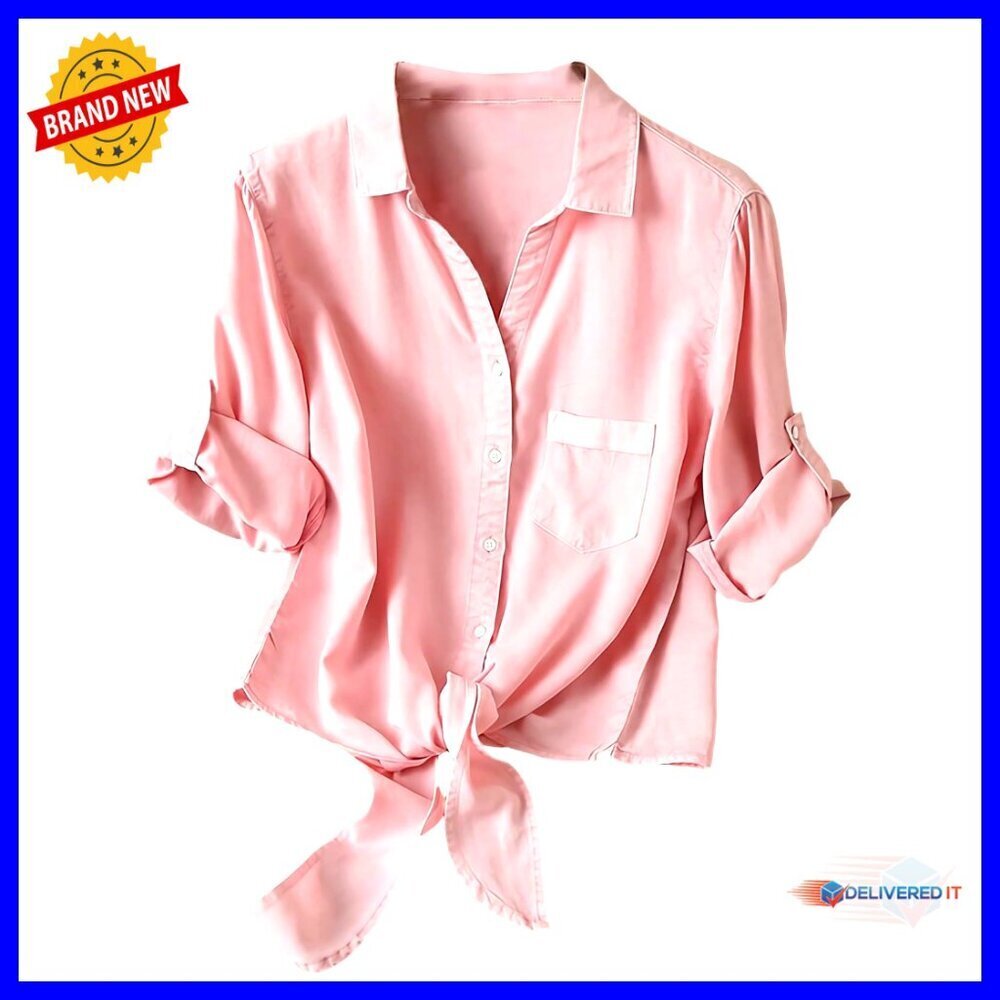 Women's Front Tie Blouse 3/4 Sleeve Button Down Shirt with Pocket